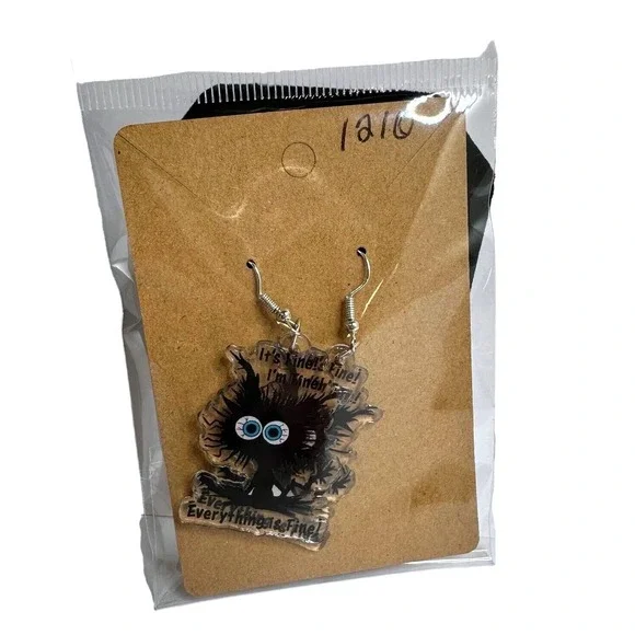 Funny Cat Earrings It's Fine I'm Fine Everything Is Fine Novelty Earrings - Picture 2 of 3